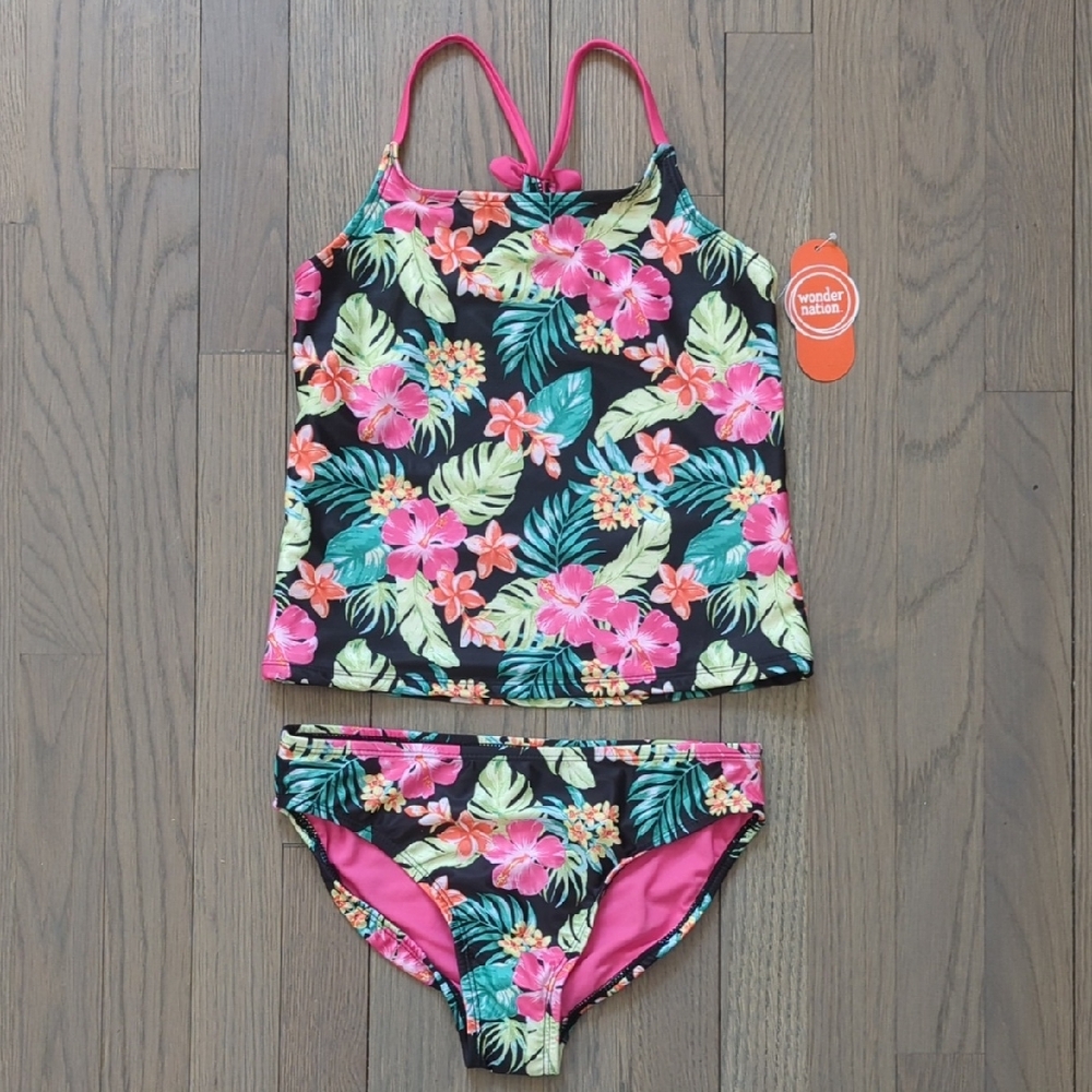wonder nation Black Floral Tankini Set with Pink Straps